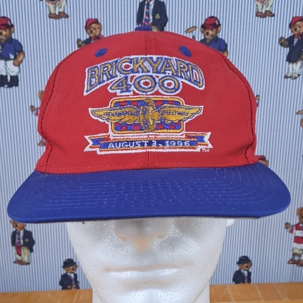 Vintage 1996 Brickyard 400 embroidered logo skript red & blue race snapback hat